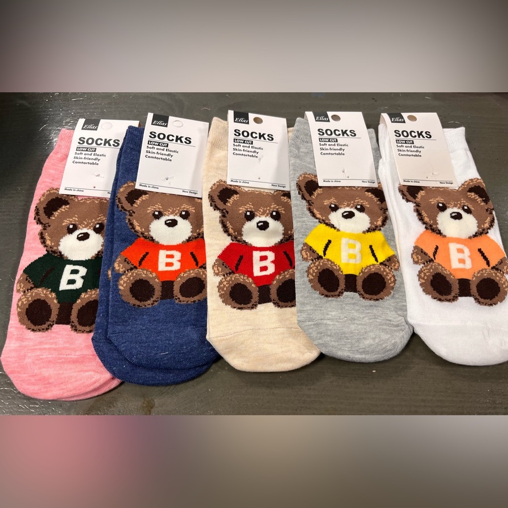 Ella Bear Pattern Low Cut Socks - Pink, Blue, Cream, Gray, White